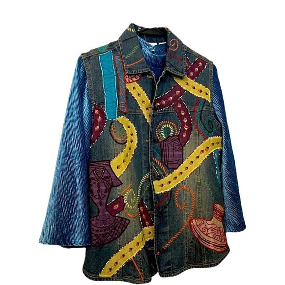 Chico's  Art to Wear Denim Embellished Beaded Button Down Denim Vest Size 8 - Picture 5 of 10